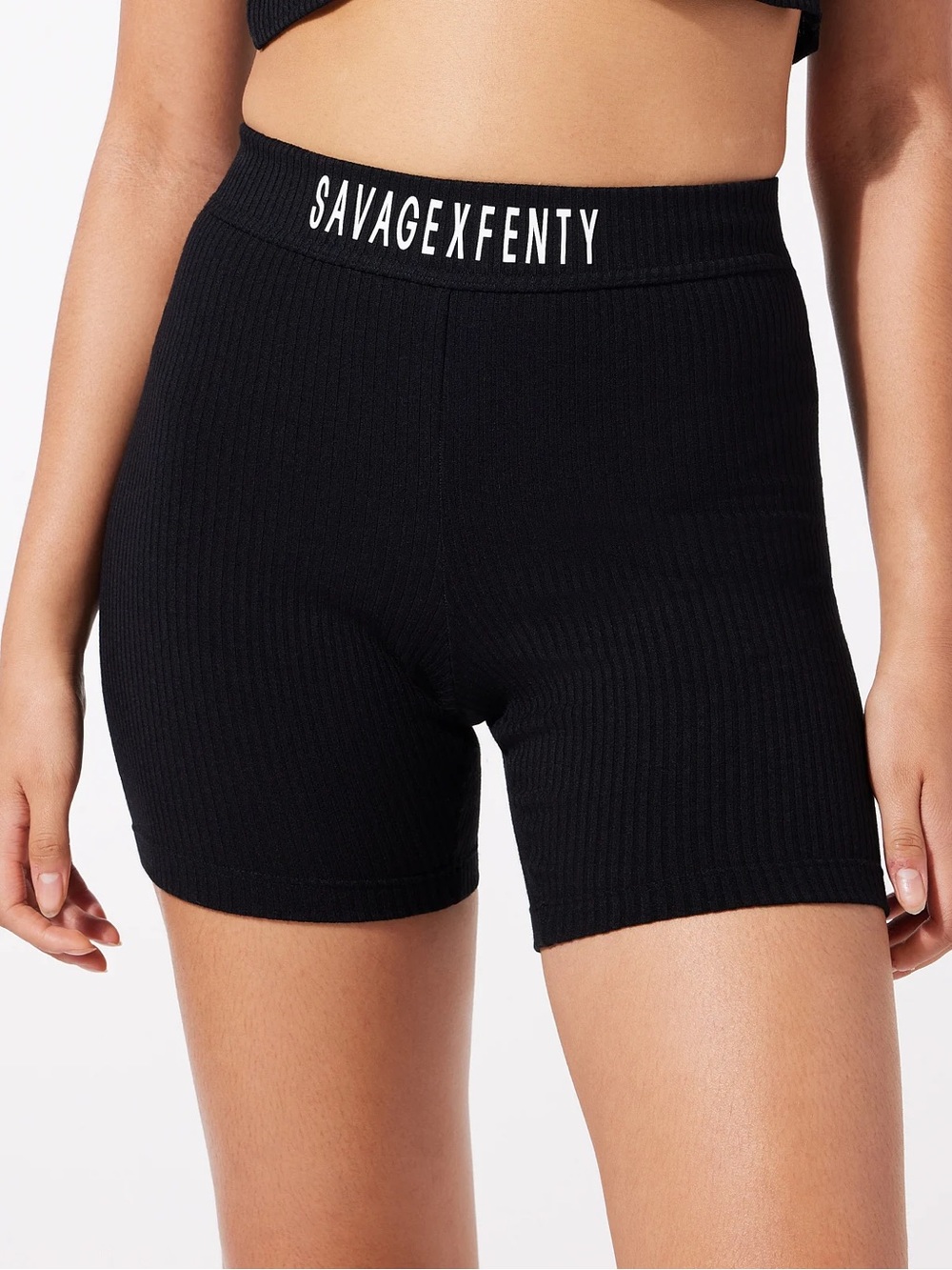 Savage X Fenty Black Ribbed High-Rise Bike Shorts with Logo Waistband